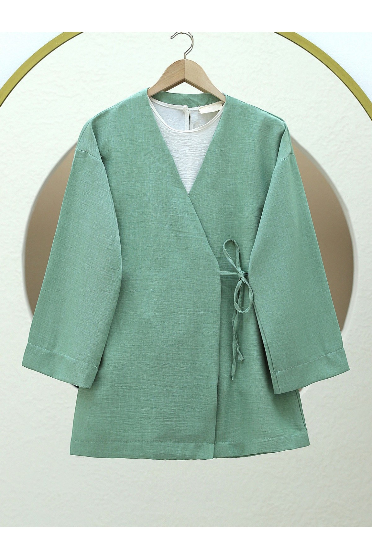 Yandan Bağlamalı Keten Görünümlü Kimono -Su Yeşili