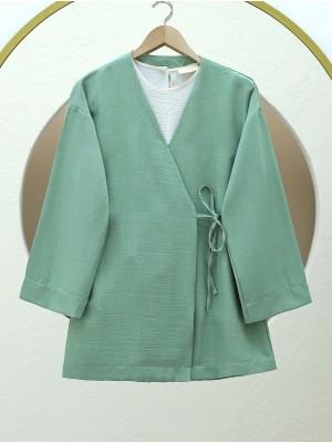 Side Tie Linen Kimono -Sea green
