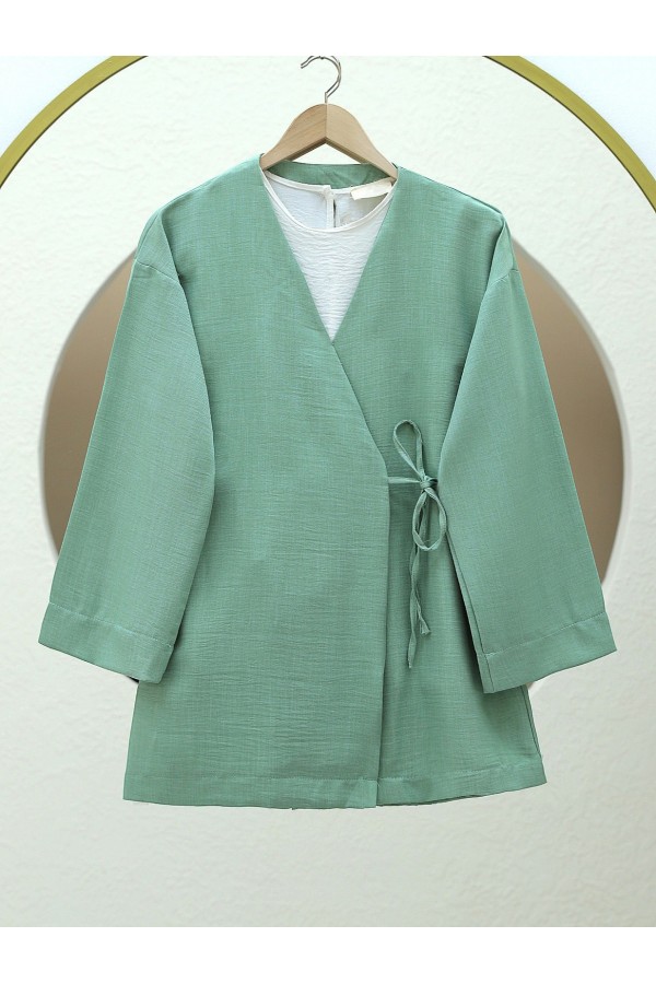 Yandan Bağlamalı Keten Görünümlü Kimono -Su Yeşili