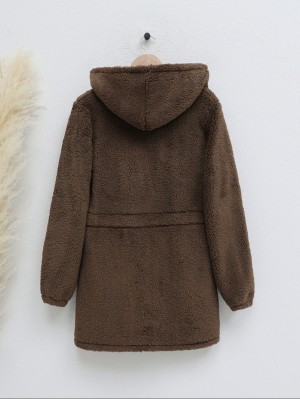 Beli Lastikli Kapşonlu Fermuarlı Peluş Mont -Kahve