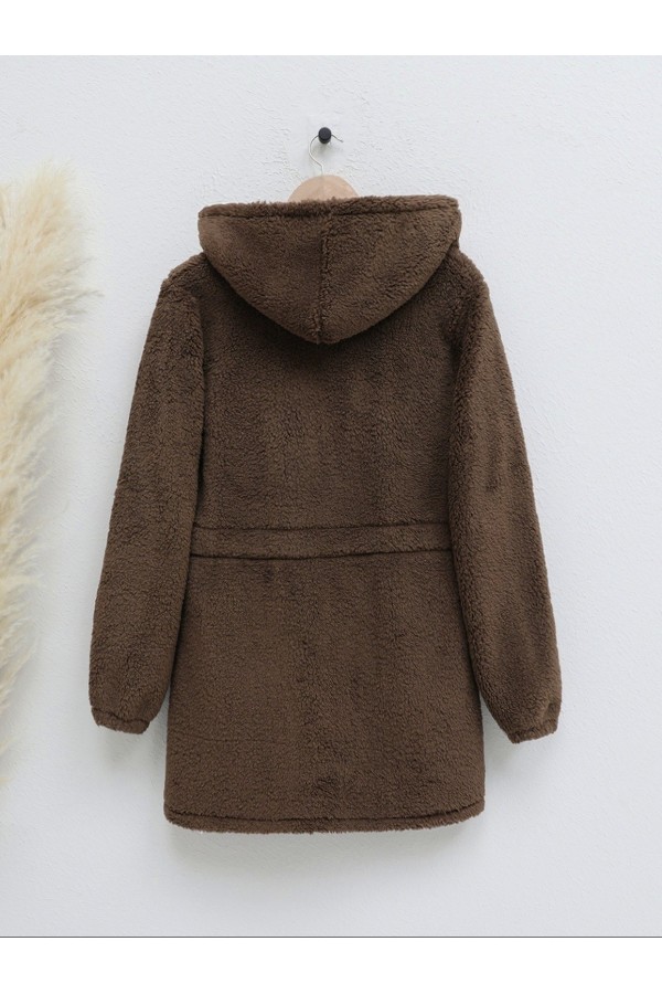 Beli Lastikli Kapşonlu Fermuarlı Peluş Mont -Kahve