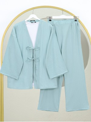 Önü Çift Bağcıklı Pantolonlu Krınkıl Takım  -Su Yeşili
