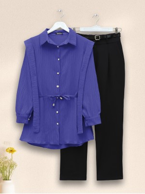 İnci Düğmeli Omuzu Ve Beli Bağlamalı Krinkıl Gömlek -Mavi