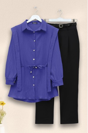 İnci Düğmeli Omuzu Ve Beli Bağlamalı Krinkıl Gömlek -Mavi