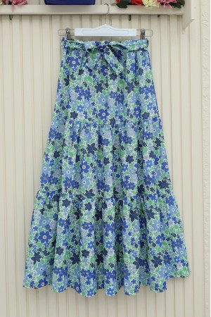 Floral Patterned Belted Two Piece Suit -Navy blue