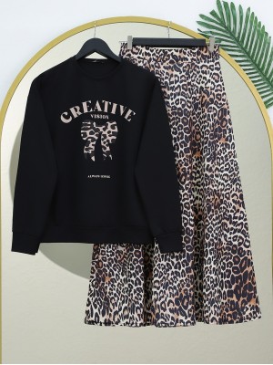 Round Neck Bow Printed Leopard Skirt Suit -Black