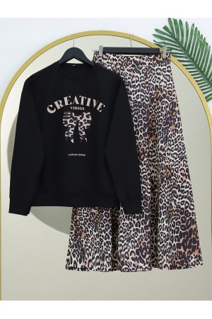 Yuvarlak Yaka Fiyonk Baskılı Leopar Etekli Takım -Siyah