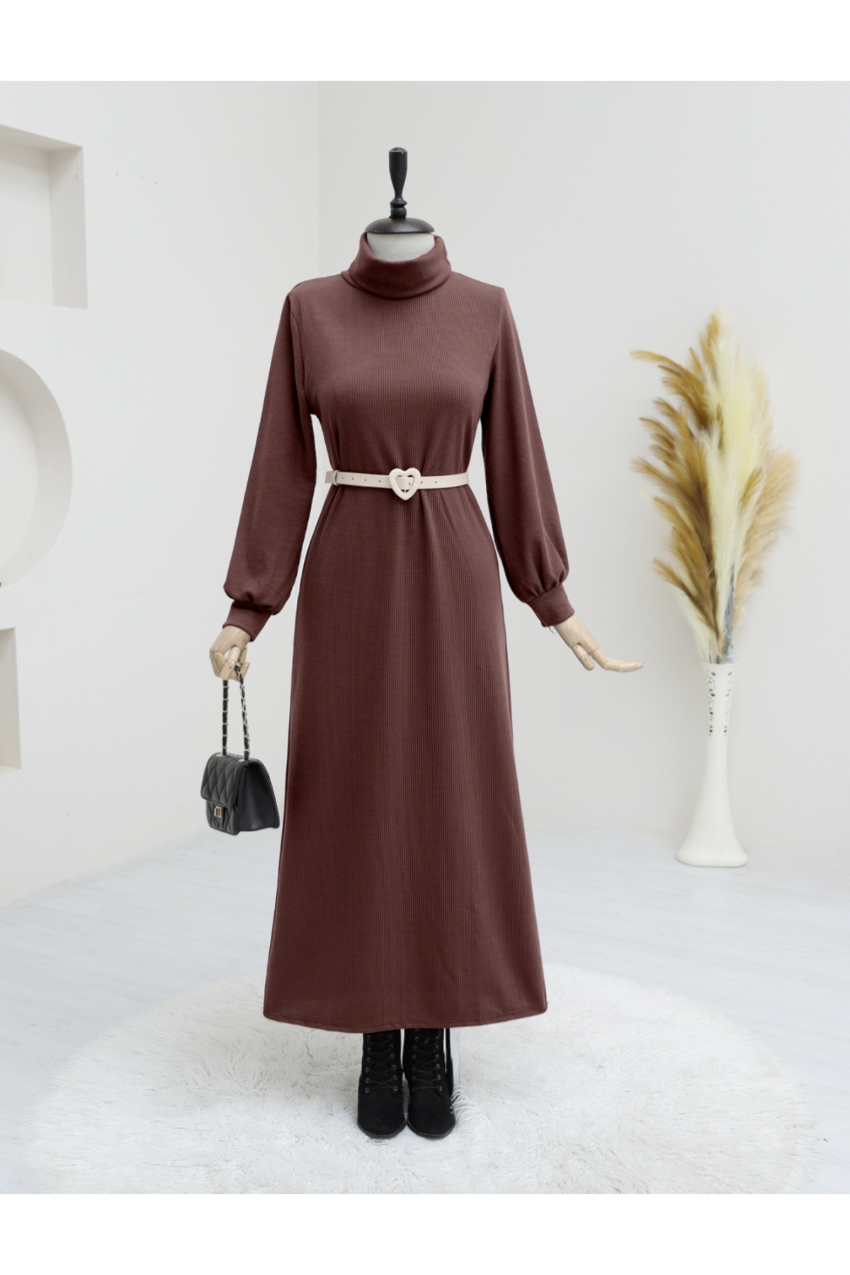 Turtleneck Corduroy Dress -Brown