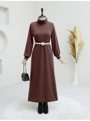Turtleneck Corduroy Dress -Brown