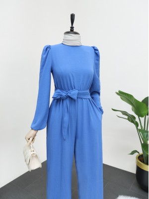 Dik Yaka Beli Lastikli Kuşaklı Tulum -İndigo