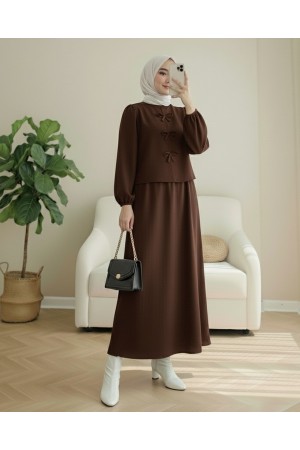 Scuba Suit with Bow Detail and Skirt -Brown