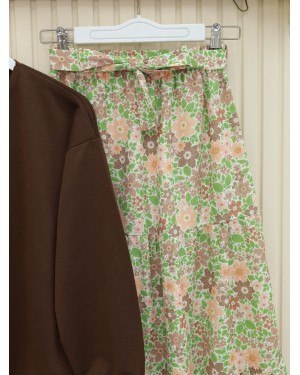 Floral Patterned Belted Two Piece Suit  -Brown