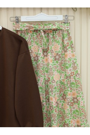 الأزهار منقوشة مربوط بدلة مزدوجة  -بنى