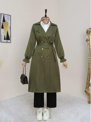 Çift Düğmeli Manşeti Lastikli Belden Bağlamalı Trençkot -Haki