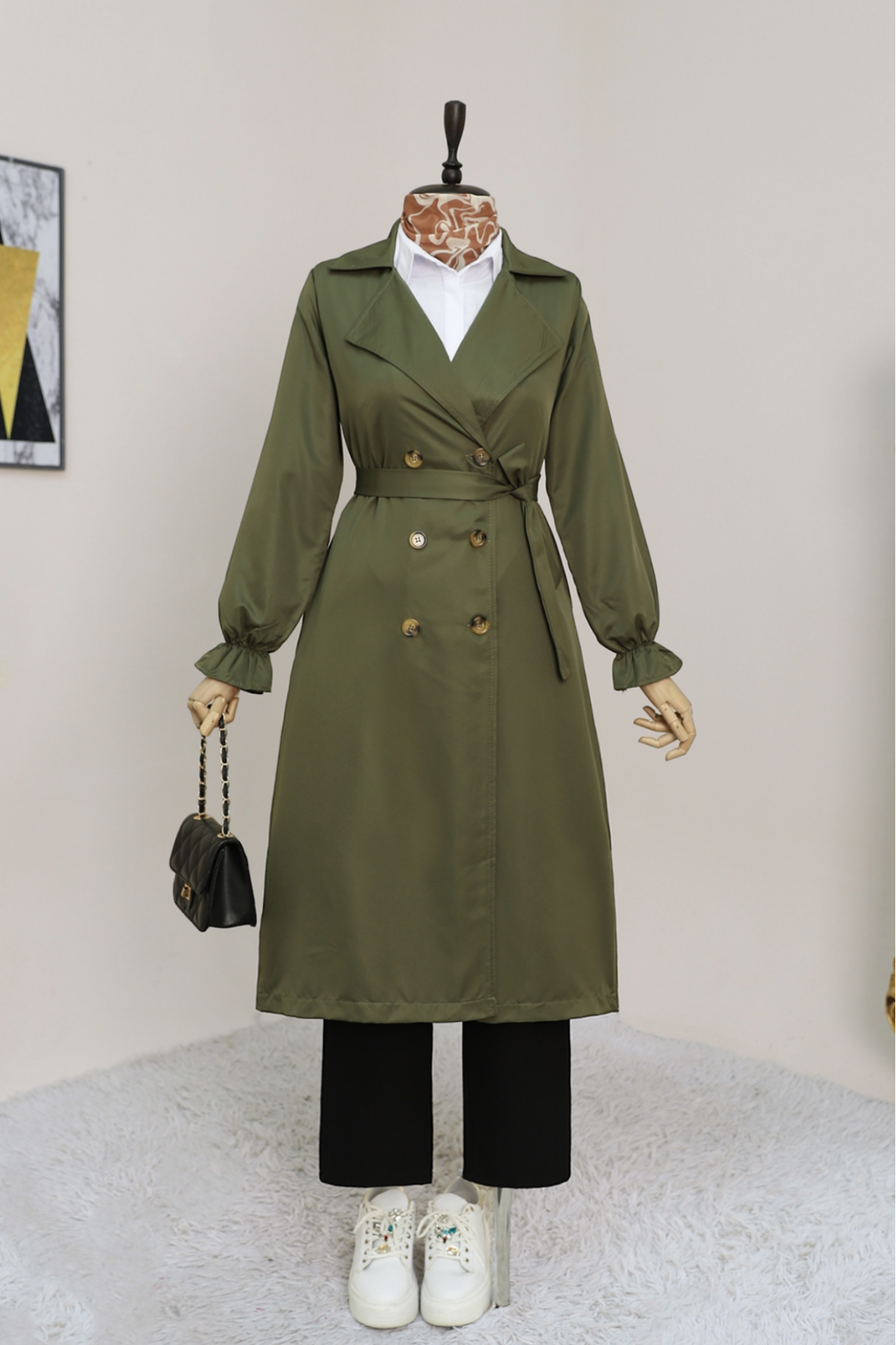 Double Buttoned Trench Coat with Elastic Cuff and Waist Tie -Khaki