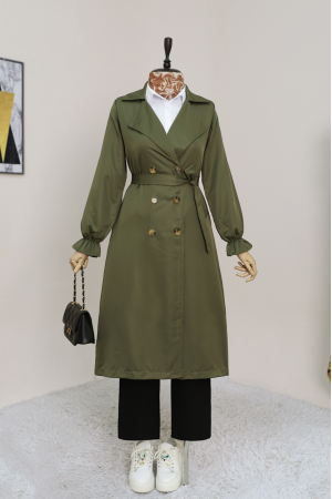 Çift Düğmeli Manşeti Lastikli Belden Bağlamalı Trençkot -Haki