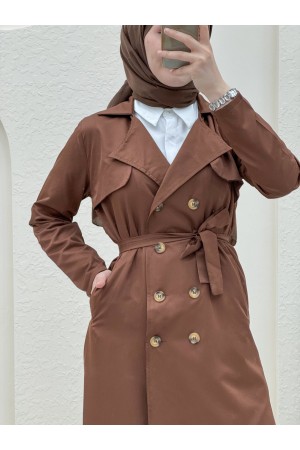 معطف مزدوج الزر شال الكتف الخصر خندق -بني محروق