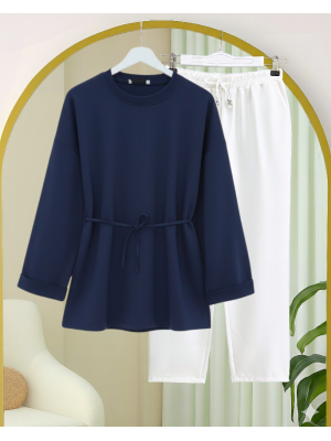 Compact Combed Cotton Tunic with Folded Sleeves and Tied Waist and Slit -Navy blue