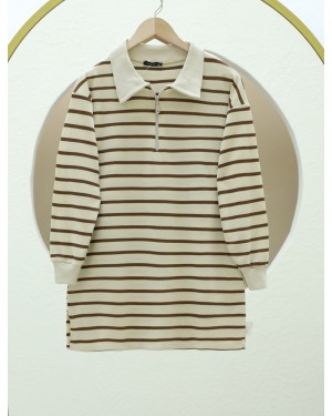 Polo Collar Striped Slit Tunic -Brown