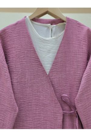 كيمونو من الكتان برباط جانبي -لون الكرز