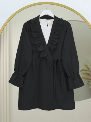 Crinkle Kimono with Ruffle Front Tie -Black