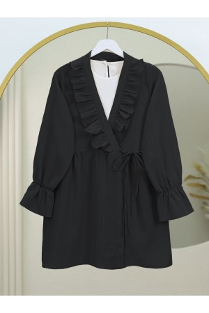Önü Fırfırlı Bağlamalı Krinkıl Kimono -Siyah