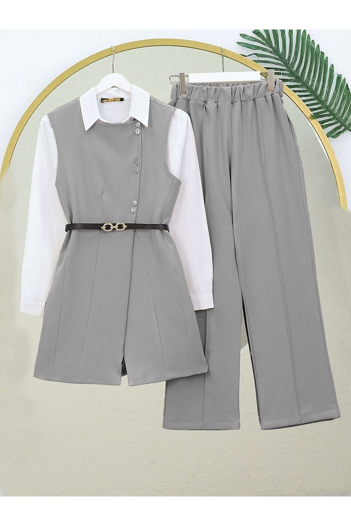 Belted Buttoned Long Vest-Pants Set -Grey