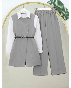 Kemerli Düğmeli Uzun Yelek-Pantolon Takım -Gri