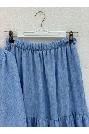 Linen Suit with Buttoned Front and Elasticated Arms and Tunnel Laces -Blue