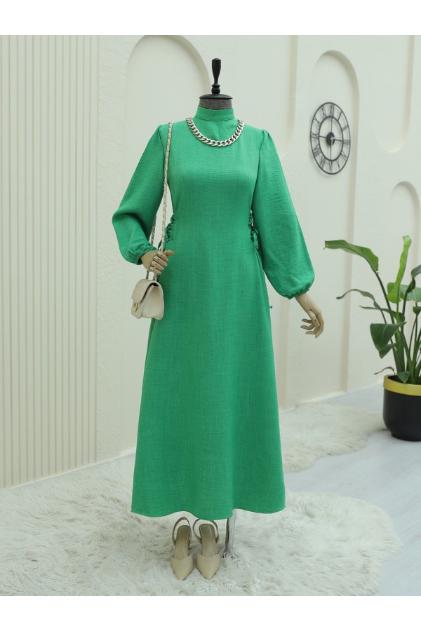 High Collar Side Lace Long Dress -Green