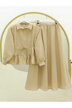 Eteği Fırfırlı Kemerli İkili Takım -Açık Vizon