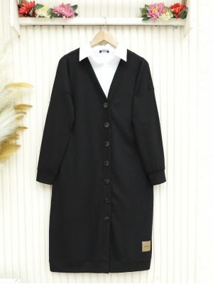 Corduroy Fabric Buttoned Long Cardigan -Black