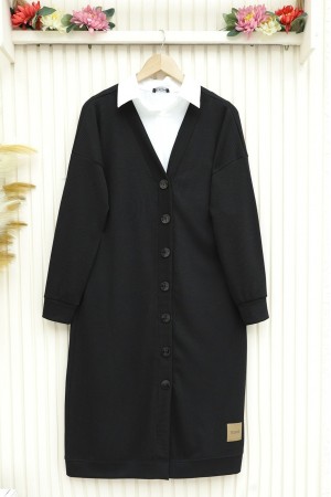 Fitilli Burgu Kumaş Düğmeli Uzun Hırka -Siyah