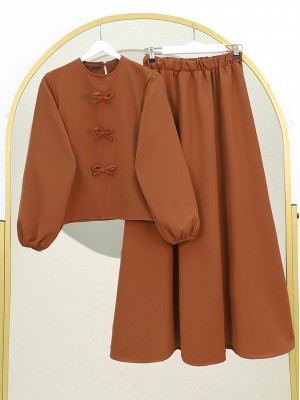 Fiyonk Detaylı Kolu Lastikli Etekli Takım -Kahve