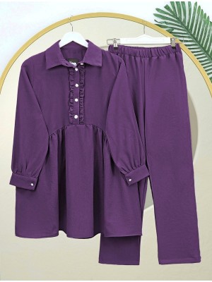 Önü Fırfırlı Yarım Düğmeli Keten Takım -Mürdüm