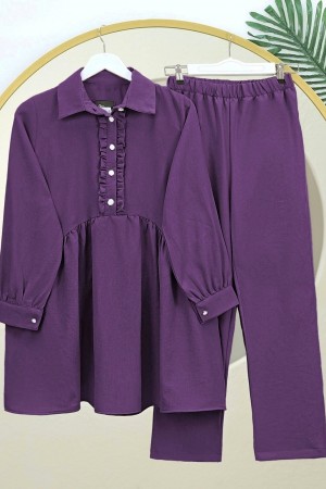 Half Buttoned Linen Suit with Ruffle Front -Damson
