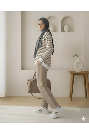 Side Striped Crew Neck Sweat -Mink color