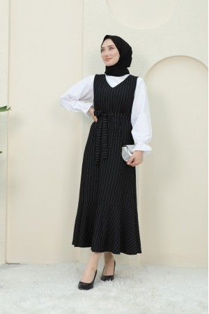 Çizgili Beli Kuşaklı Gömlek Jile Takım -Siyah