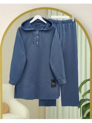 Çıtçıtlı  Arma Detaylı İkili Penye Takım -İndigo
