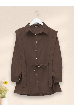 Pearl Buttoned Shoulder and Waist Tied Crinkle Shirt -Brown