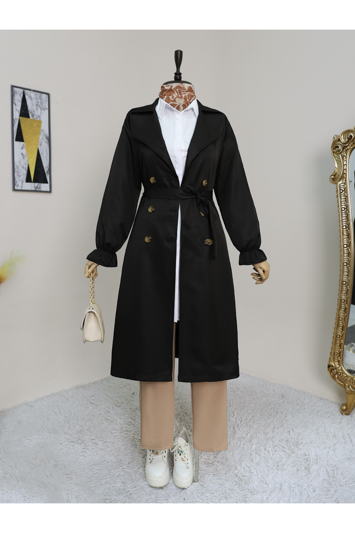 Double Buttoned Trench Coat with Elastic Cuff and Waist Tie -Black
