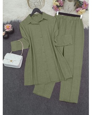 Top Düğme Gömlek Pantolonlu Takım   -Haki