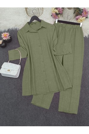 Top Düğme Gömlek Pantolonlu Takım   -Haki