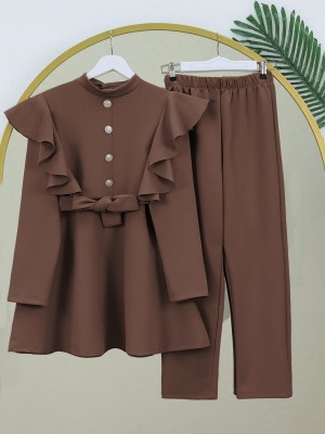 Düğme Detaylı Dik Yaka Omuzu Fırfırlı Scuba Takım  -Kahve