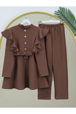 Düğme Detaylı Dik Yaka Omuzu Fırfırlı Scuba Takım  -Kahve