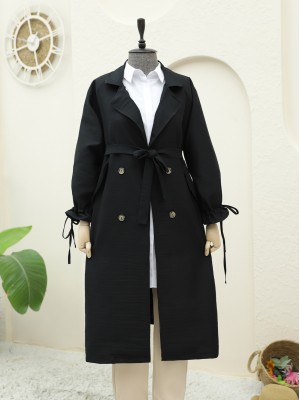 Kolu Manşeti Bağcıklı Kemerli Kap -Siyah