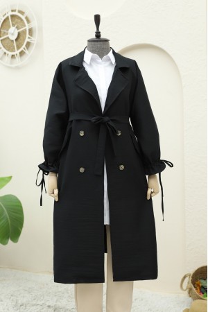 Kolu Manşeti Bağcıklı Kemerli Kap -Siyah