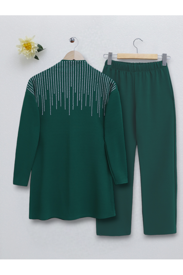 Judge Collar Front Stone Detailed Trousers Suit -Emerald