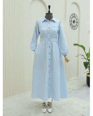 Striped Dress with Elastic Waist and Buttons -Baby Blue