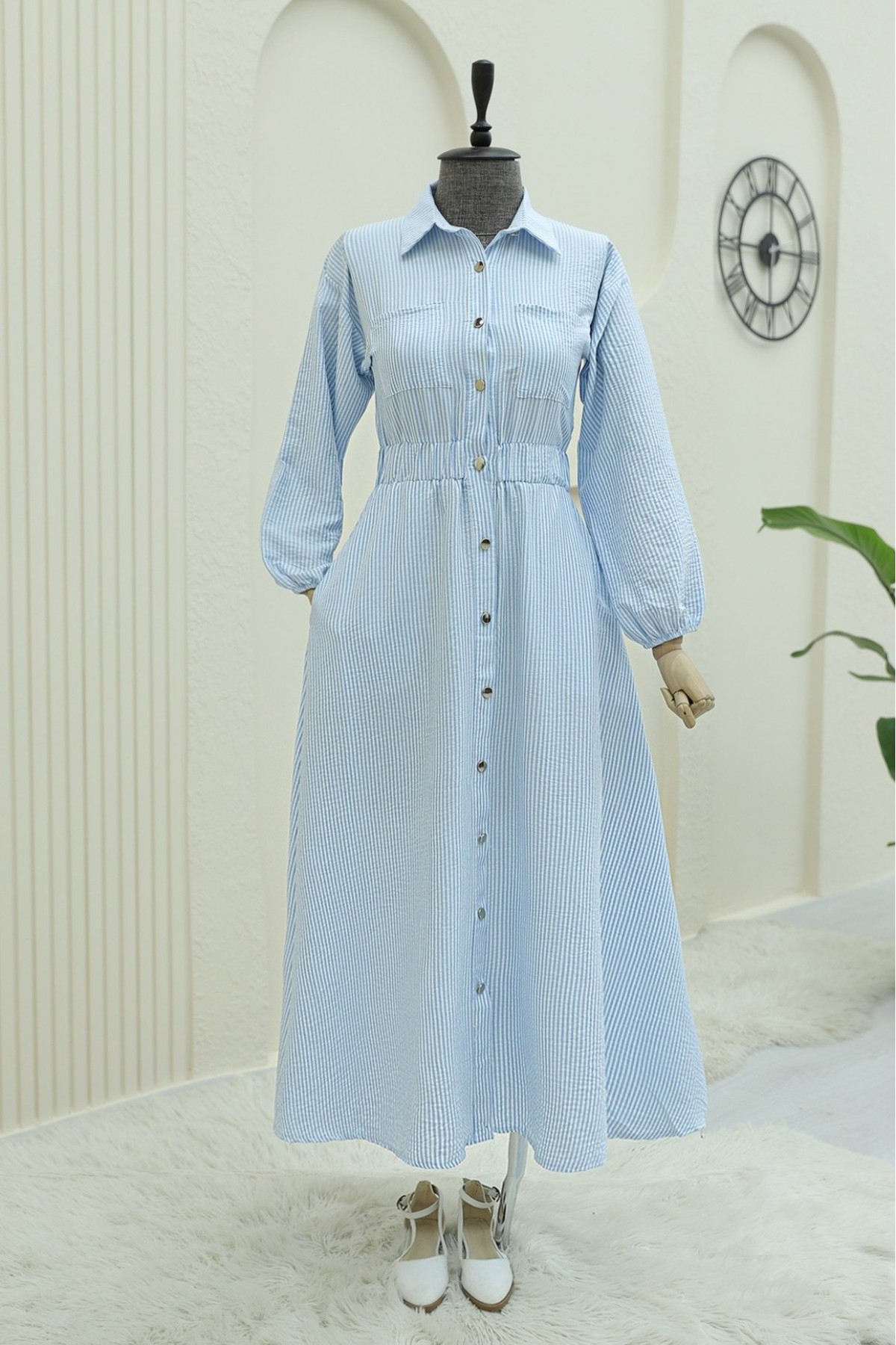 Striped Dress with Elastic Waist and Buttons -Baby Blue